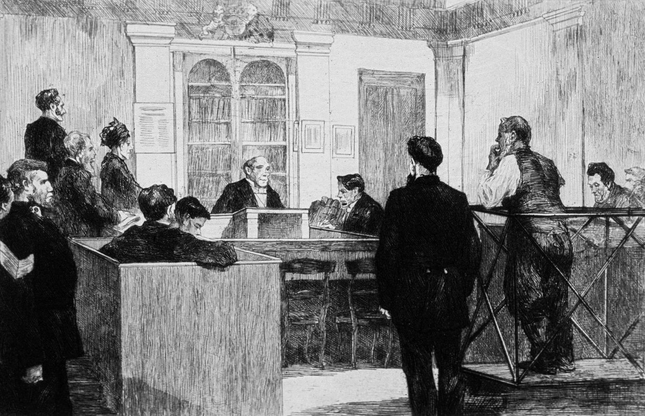 Salle du tribunal de police de Bow Street à Londres en 1884 (gravure) - Auguste Andre Lancon