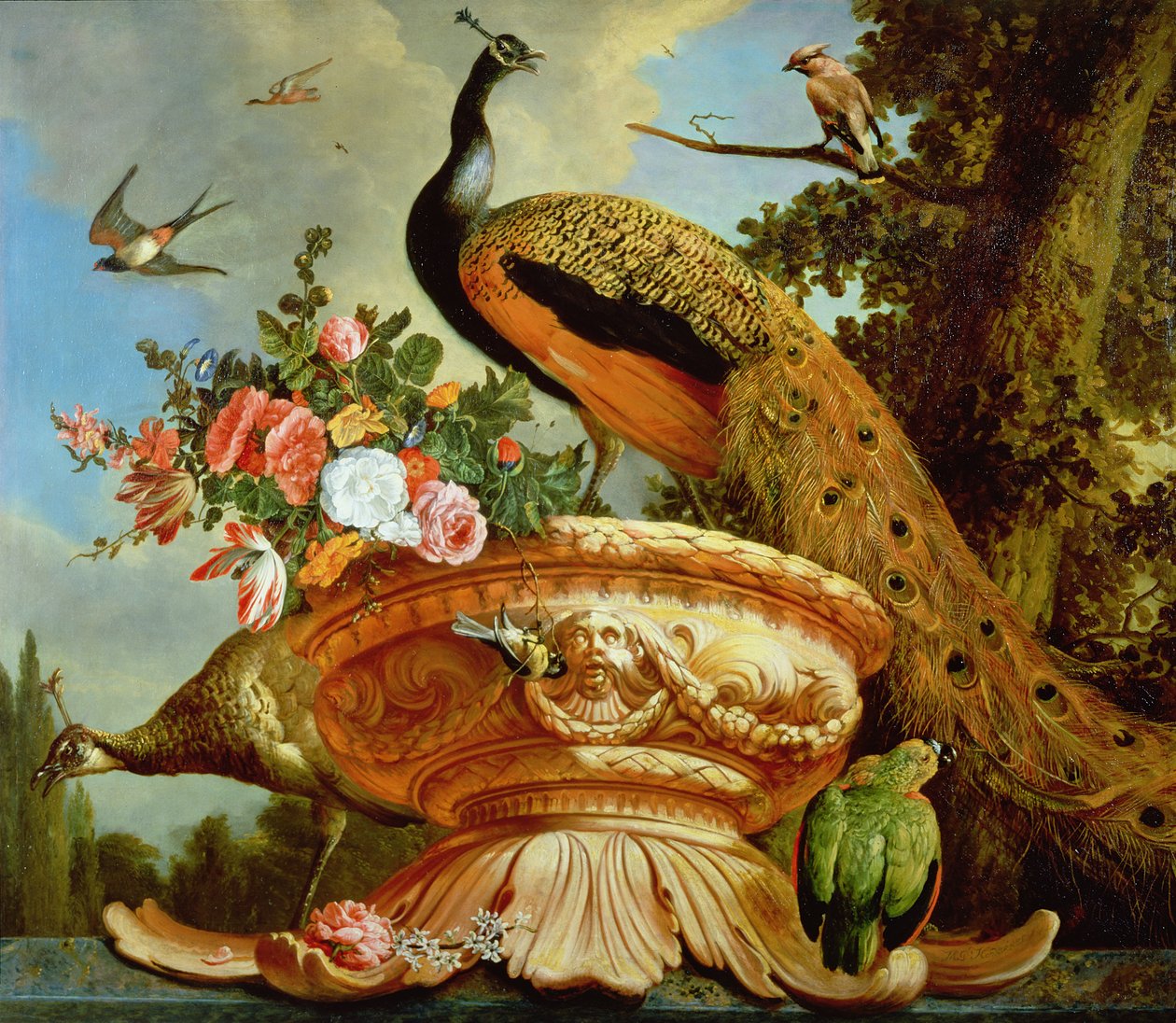 Un paon sur une urne décorative - Melchior de Hondecoeter