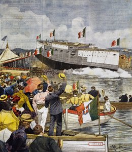 Lancement du cuirassé Regina Margherita à La Spezia, panneau par Achille Beltrame, La Domenica del Corriere, 9 juin