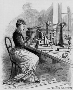 Grooving the Needles, illustration montrant la fabrication de machines à coudre de la revue Scientific American, 1879