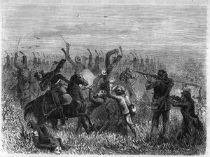 Destruction complète des Vendéens : Bataille de Savenay en décembre 1793. Gravure de 1866 dans « Histoire de la Révolution française » par Adolphe Thiers. Collection privée.
