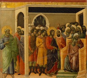 Le Christ devant Caïphe, détail de carreau des Épisodes de la Passion et de la Résurrection du Christ, verso de la Maestà du Retable de Duccio dans la cathédrale de Sienne