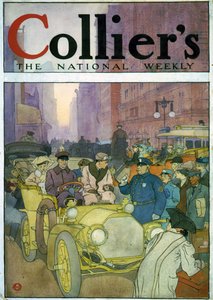 Automobile dans une rue bondée. Aquarelle par Edward Penfield