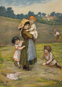 Enfants avec leur mère à la récolte