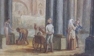 Scène de genre, détail des volets de la fenêtre du salon, appartement de la Reine, résidence de chasse, par Filippo Juvarra (1678-1736), Stupinigi, Piémont, Italie