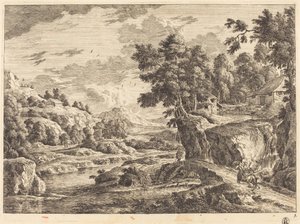 Paysage avec un pont et trois bâtiments de ferme