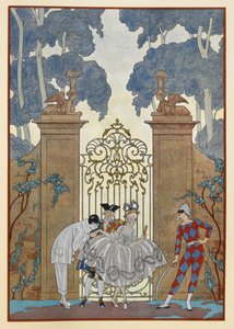 Colombine. Des gens debout devant une porte. Un Pierrot.
