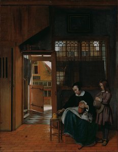 Une femme préparant du pain et du beurre pour un garçon, vers 1660