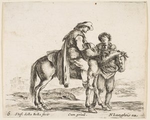 Planche 6 : un paysan à cheval de profil tourné vers la droite, tenant un panier et t..., vers 1644-47