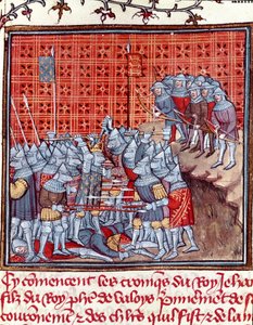 Guerre de Cent Ans : "le roi de France Jean II le Bon (1319-1364) pendant une bataille". Miniature tirée de "Les grandes Chroniques de France" de Jean Froissart (1337-1400) 14ème siècle Chantilly, Musée Condé