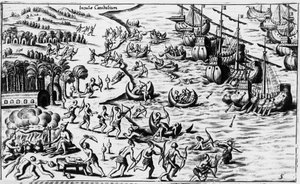 Rencontre entre les gens de Christophe Colomb et les Cannibales - dans « Nova Tipus Transacto Navigatio Novi Orbi » par Philoponus Honorius
