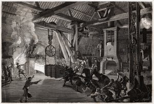 Le marteau-pilon à la forge des grandes œuvres; la pièce énorme à forger sort du four éblouissant les hommes qui manœuvrent pour la placer sous le marteau. Gravure pour illustrer un voyage au Creusot et aux mines de Saône-et-Loire, en 1865, par L. Simonin
